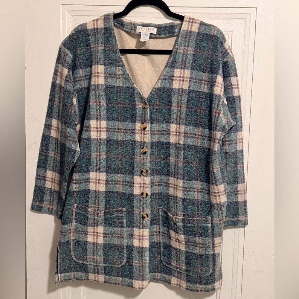 Express Tricot Vintage Plaid Button Up Cardigan (Coatigan) Oversized Size S
